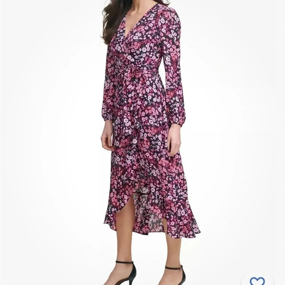 KENSIE pink chiffon,faux wrap,floral, puffy sleeve dress,sz 2, surplice,fairy - Picture 1 of 15